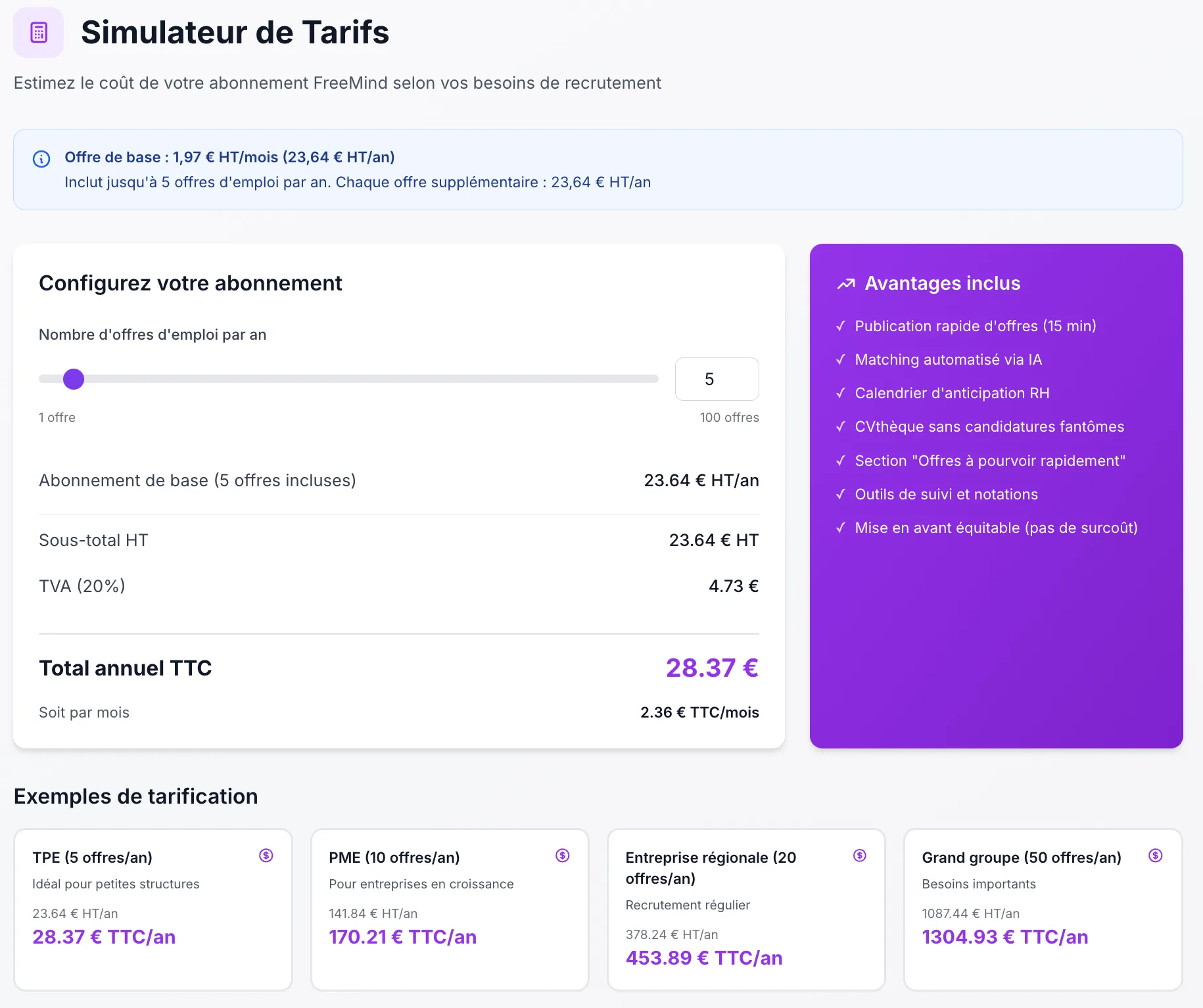 Freemind — Simulateur de tarifs recruteur
